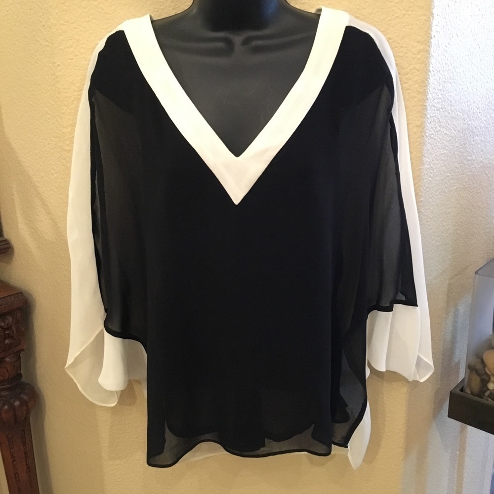 ZARA Women Black White V-Neck Sheer Top Size Xsmall